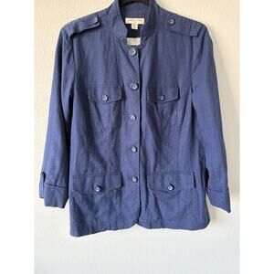 Coldwater Creek Linen Blend Women's M Blue Button up Military Jacket w/ pockets